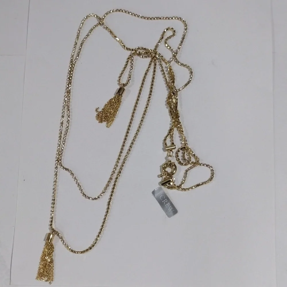 J.Crew Multi Strand Gold Necklace – Tassels & Crystal Accents Statement Jewelry